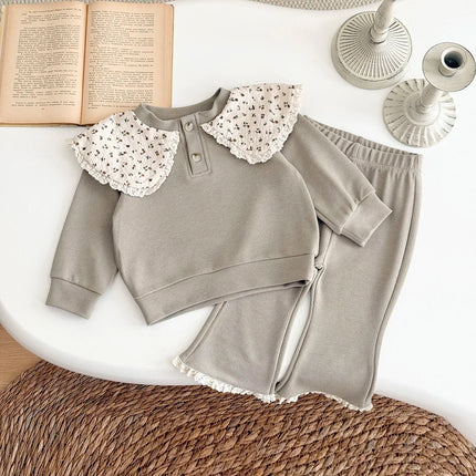 1-3 Years Toddler Girl 2Pcs Set Soft Ribbed Fabric Khaki Sweatshirt + Pant Daily Wear Casual Comfortable Outfit for Baby Girls