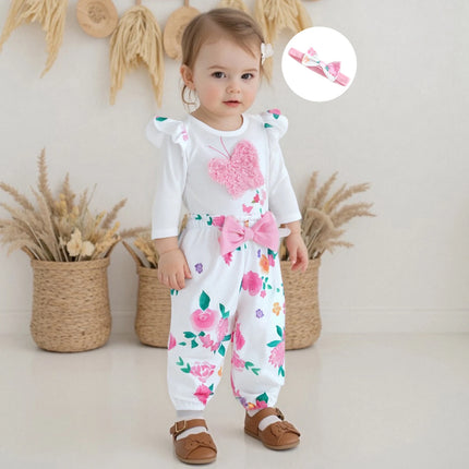 Baby Girls Fall Outfit Long Sleeve Butterfly Print Romper with Floral Pants and Bowknot Headband Clothing Set