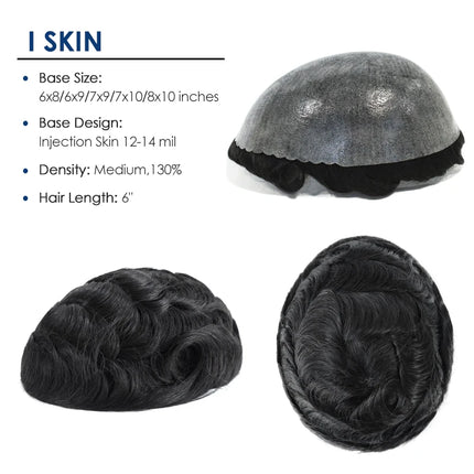 0.12-0.14mm Injected Thin Skin 130%Density Man Hair Prosthesis Human Hair Male Toupee Wig Adult Capillary Prosthesis Hair System