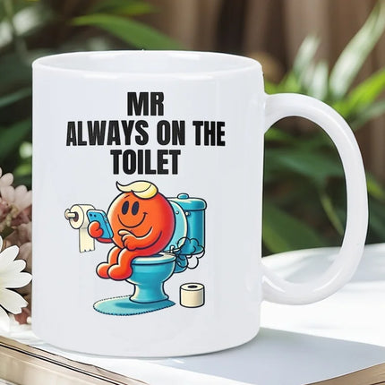 Funny "Mr. Always Going to the Toilet" 11 oz Ceramic Mug - Novelty Coffee Mug with Orange Character Design, Hand Washable