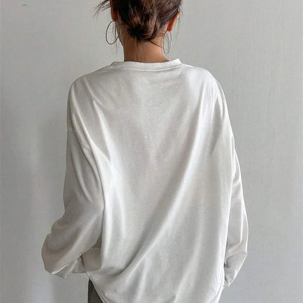 Women's Basic Long Sleeve Loose O-neck T-shirt Autumn Winter Solid Color Tee Top Streetwear