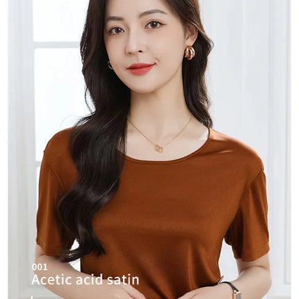 Summer High-End Women's Short Sleeve T-Shirt Acetate Fabric Knitted European Style Thin Hot Selling Top for Ladies