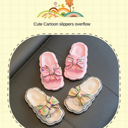 Children Slippers Girls Wearing Soft Soled Slippers Outside Cute Bow Anti Slip Bathroom Slippers Contrast Color Kid Slippers