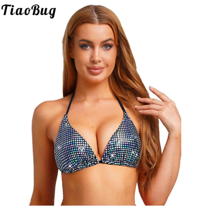 Women Sissy Metallic Shiny Bikini Top Triangle Cup Backless No-wire No-Pad Lace-up Bra Top Beachwear Swimsuit Underwear Brassier