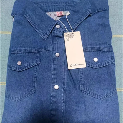 Slim Fit Mid-Length Long Sleeve Denim Shirt Women's Cotton Base Layer Shirt Autumn Winter Polo Collar Pocket Design Jeans Jacket