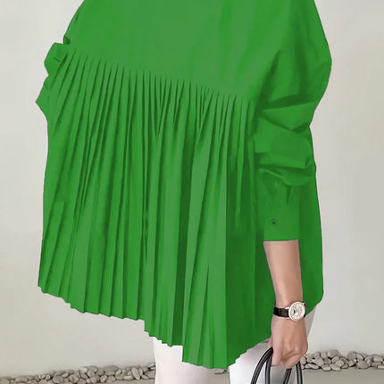 Plus Size 2025 Spring and Summer New Women's POLO Collar Pleated Casual Single Row Button Shirt Blouse Solid Color