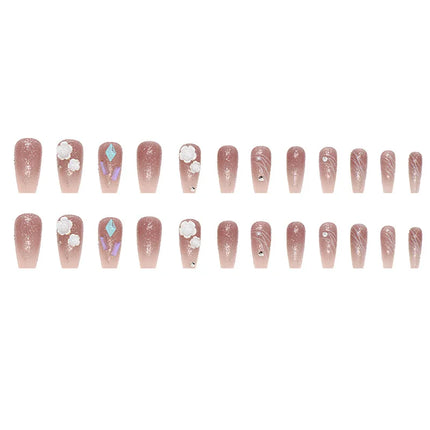 White Camellia 24 Pcs Press on Nails Pink Nail polish Glossy Artificial Finger Manicure Reusable False Nails