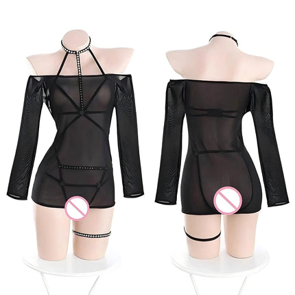 1 Set Sexy Hanging Neck Hollow Out Large Size Open Crotch Bodysuit & Long Sleeve Black Mesh Sheer Top Uniform Set For Women