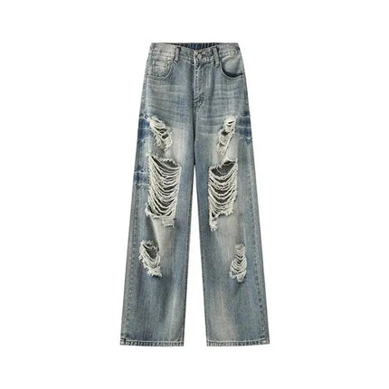 Vintage Distressed Wide Leg Men Jeans Korean High Waist Slim Loose Hanging Straight Long Man Pants Summer