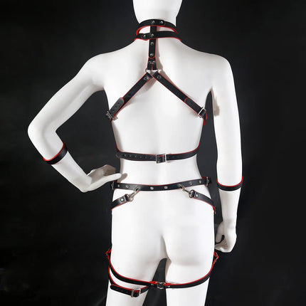 Red and Black One Piece Restraint Suit Leather Strap Outfit Knotted Uniform Sexy Lace Up Lingerie Women Accessories BDSM Product