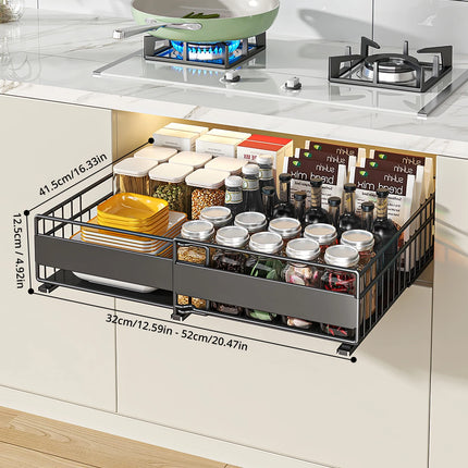 1/2pcs Expandable Cabinet Drawer Organiser (12"-20"), Pull Out Drawer Tray with 3 Sliding Rails, Mounts with Adhesive or Screws