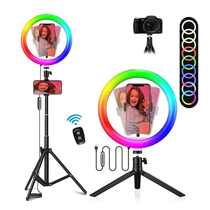 10" Selfie Ring Light,1.7M 19CM Tripod Stand &Phone Holder,LED Camera Ringlight with RGB Colors Modes Dimmable for Makeup/Vlog