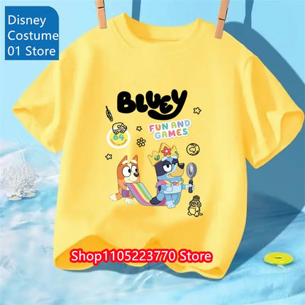 Autumn Winter Bluey Short Sleeve T-Shirt Kids Printed Top Soft Cartoon Tee Comfortable for Boys Girls