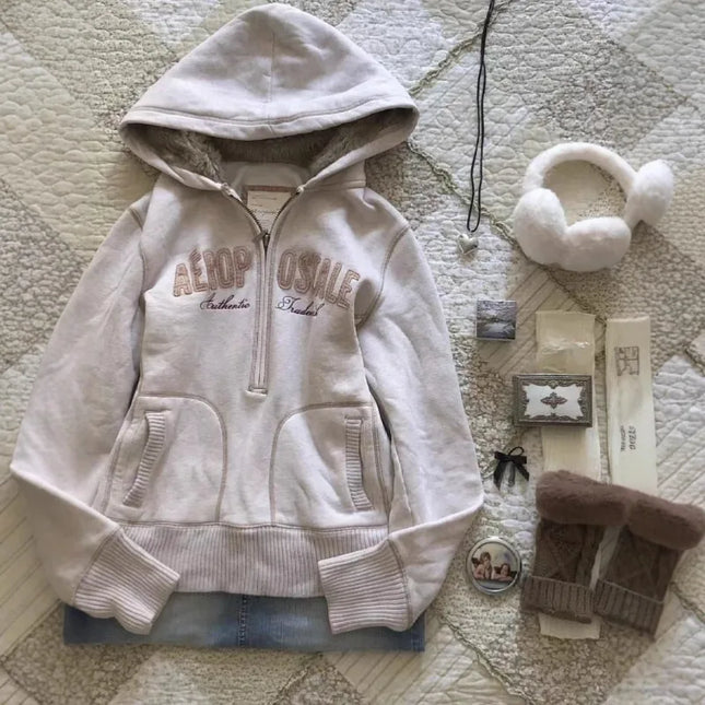 High Street Autumn Winter American Half Zip Hoodies Harajuku Y2k Punk Letter Print Vintage Sweatshirts Harajuku Casual Tops