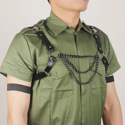 Punk Fashion Harness Men PU Leather Fetish Adjustable Caged Metal Body Chain Gay Clothing Suspenders Rave Belt Gothic Style