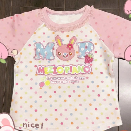 Cute Japanese Style Short Sleeve round Neck Lace Print T-Shirt for Girls Early Fashion Soft Shoulder Insert Color Block Summe...
