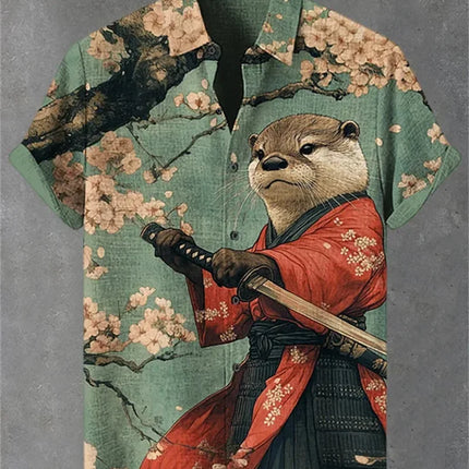 Men's Volcano Animal Pattern Linen Shirt Summer Fashion Short Sleeve Button Collar Shirt Hawaii Casual Shirt Top