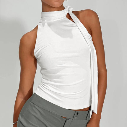 Women Sexy And Elegant Sleeveless High Neck Slim Fit Vest Nightclub Street Style New White Strap Casual Upper Outer Garment