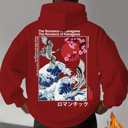 Japan Ukiyoe Sakura&Big Wave Kanagawa Print Men Women Hooded Sweatshirt Autumn Winter Daily Fitness Casual Loose Warm Sportswear