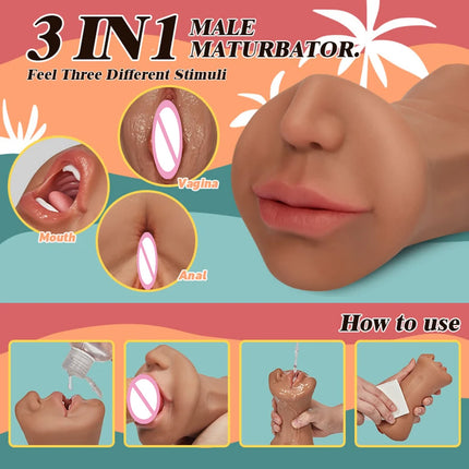 3in1 Band teeth mouth vagina anal plug male masturbator cup deep throat silicone dildo moves masturbation pleasure toys for men