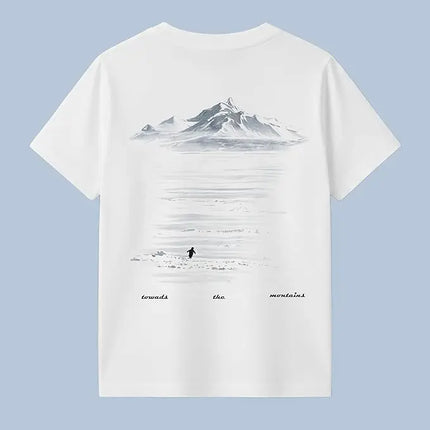 Y2K Harajuku Casual Minimalist Penguin Snow Mountain Reflection Print T-Shirt Men's and Women's White Trendy Loose Fitting T-Shirt