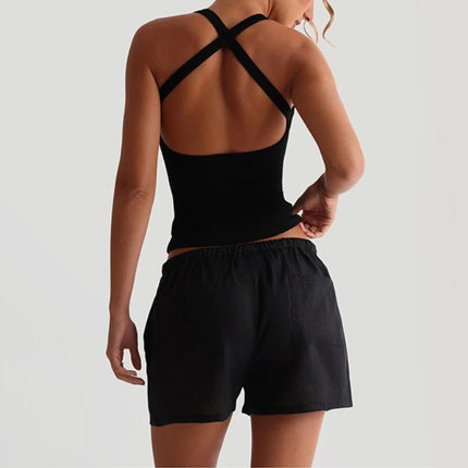 Green Thread Casual Tank Tops Woman Low-Neck Cross Strap Sleeveless Backless Crop Top Hot Girls High Street Classic Slim Fit Top