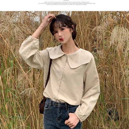 Casual Base Layer Top Autumn Collection Fresh Korean Style Doll Collar New Model Long Sleeve Shirt Women's Top
