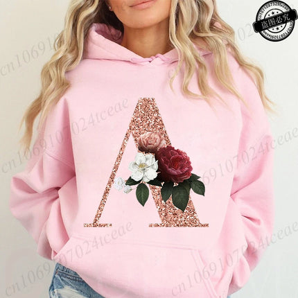 Rose Gold Letter A~Z Printed Women's Sweatshirts Hoodie Fashion Women Hooded Hoodies Casual Harajuku Streetwear Pink Clothing