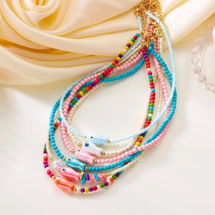 Cute Colorful Ceramic Fish Beaded Necklace For Women Unisex Creative Handmade Rice Beads Choker Beach Party Jewelry Gifts