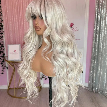 Loose Curly Ombre White Blonde With Short Roots Lace Top Wig With Bangs Synthetic And Blend Lace Premium Fibre Heat Resistant