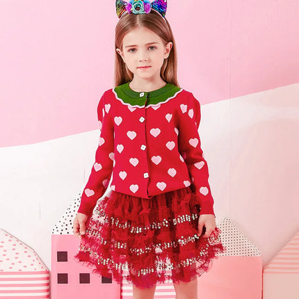 VIKITA Girls Xmas Red Green Cardigans Teenagers Heart Shape Print Adorable Cozy Stylish Warm Sweaters Girls Outwear Gift Outfits