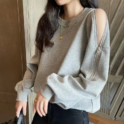 Autumn Long Sleeve Off-the-shoulder Design Sensibility Sweatshirt Women's Trendy Pullover Jacket