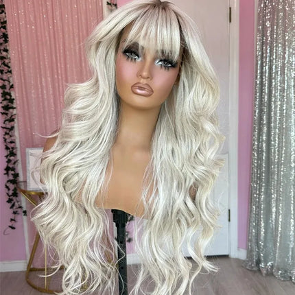 Loose Curly Ombre White Blonde With Short Roots Lace Top Wig With Bangs Synthetic And Blend Lace Premium Fibre Heat Resistant