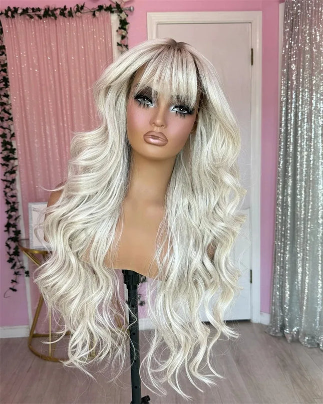 Loose Curly Ombre White Blonde With Short Roots Lace Top Wig With Bangs Synthetic And Blend Lace Premium Fibre Heat Resistant