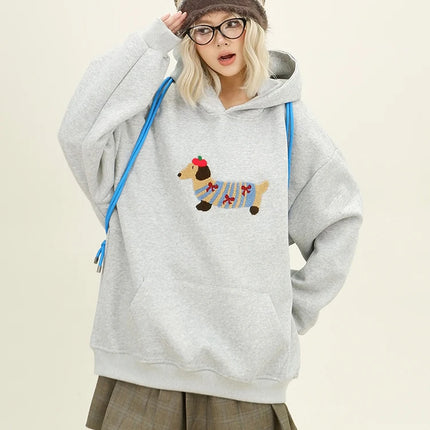 Women Sweatshirt Streetwear Couples Tops Casual Loose Hoodie Autumn Winter Cartoon Dog Embroidery Hooded Pullover