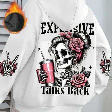 Women's autumn and winter warm and loose casual NOPE not today printed suede long sleeved hooded sweatshirt
