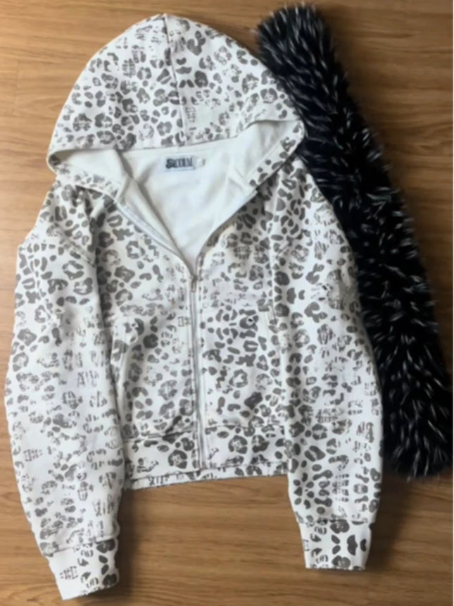Autumn and winter fuzzy collar retro men's and women's personalized street fashion printed hooded zipper sportswear