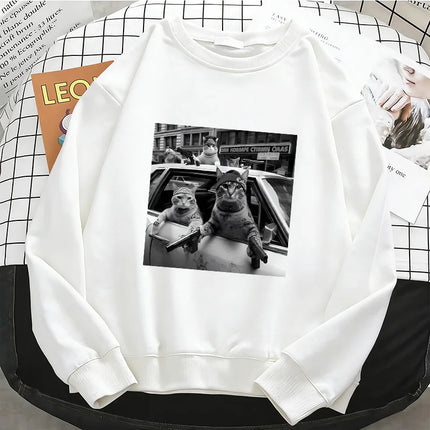 Streetwear Cat Crew Neck Hoodies Warm Fleece Sweatshirt Vintage Crew Neck Pullover Casual Female Clothes