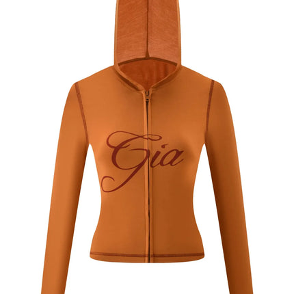 Gia Slim-Fit Letter Print Topstitching Design Hooded Zip-Up Jacket and Pants Set
