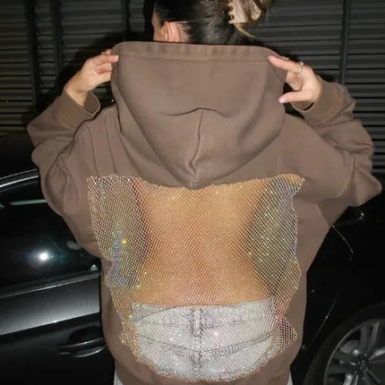 Streetwear Trendy Hoodie Women Fashion Solid Color See Through Backless Hooded Pullover Sweatshirt Female High Street 2025 New