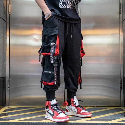 Men's Cargo Pants Casual Hip Hop Hit Color Multiple Pockets Trousers Streetwear Black Punk Ribbons Techwear Sweatpants Boys