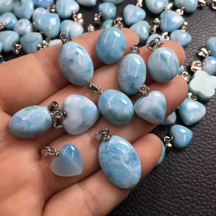 1 Pc Fengbaowu Natural Stone Dominican Republic Larimar Heart Oval Cabochon Pendant 925 Sterling Silver Jewelry Gift For Women