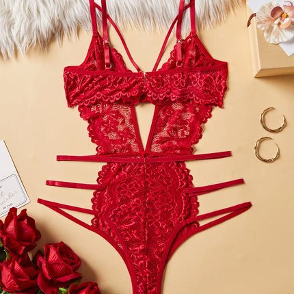 Women Red Lace Spaghetti Strap Bodysuit One Piece Sleepwear