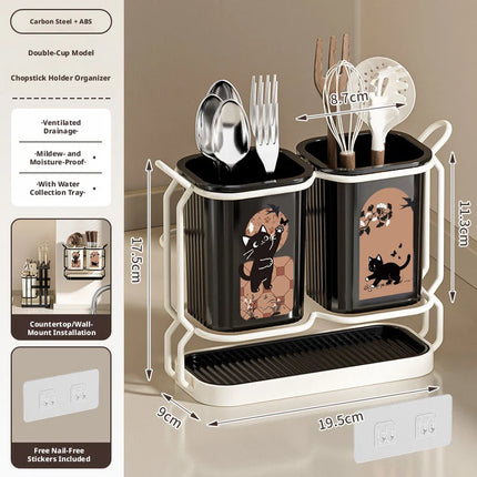 Kitchen Utensil & Knife Holder with Drain Tray Wall Mount Chopstick Cutlery Storage Rack for Countertop