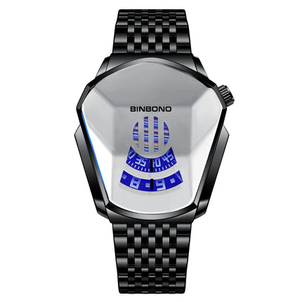 BINBOND Men Popular Fashion Motorcycle Concept Quartz Watch Luminous Steel Band Mesh Watch Touch Screen Black Technology Watch