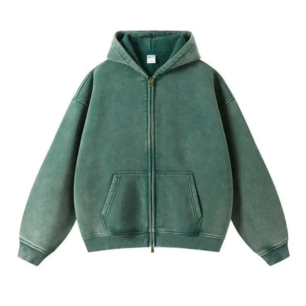 Spring Autumn New Fahsion Men's Casual Trendy Loose Solid Color Waxed Hooded Hoodies American Zipper Washed Vintage Coat Male