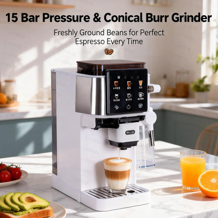 CAFOVO E151 3-in-1 Espresso Machine with Touchscreen Control and Built-in Grinder Automatic Milk Frother Cold Brew Coffee