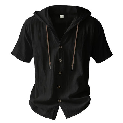 Men's Cotton Linen Shirt, Hooded, Short Sleeve, Solid Color, Breathable, Lightweight, Drawstring Design, Casual Basic Tees