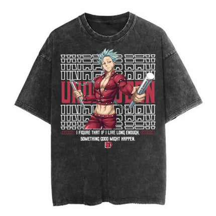 Hot Sale Anime Peripherals The Seven Deadly Sins Ban Print T-shirt Men Women Vintage Washed Cotton Top Oversized Summer New Tees