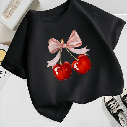 Girls' Casual Short Sleeve Round Neck T-Shirt Summer with Playful Fabric Casual Shirts for Girls Cherry Graphic Tee Comfortable